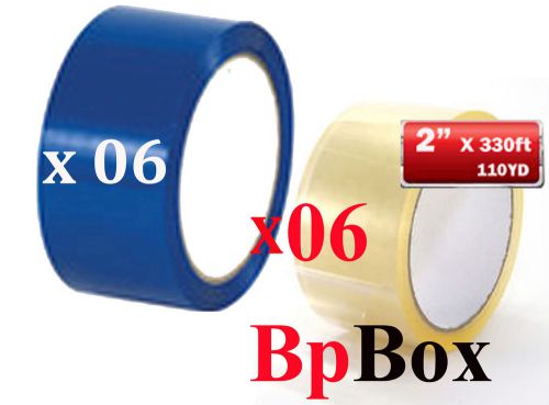 12 Sealing Tape Rolls 2&#034; x 330&#039; 110 Yards shipping package&#039; 6 Blue ..-- 6 Clear