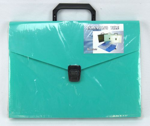 Plastic 6 Pocket Expanding File Folder Case Aqua w/Handle Snap Closure Bradn New
