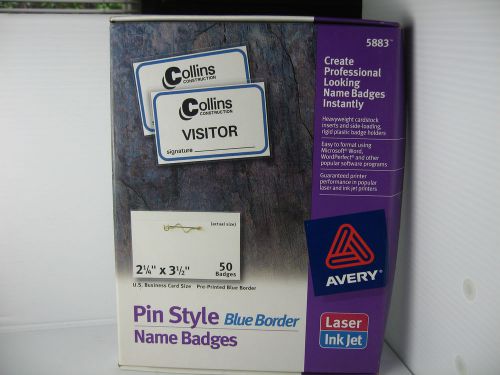 New Avery Pin Style 50 Name Badges Blue Border Laser/Ink Jet #5883
