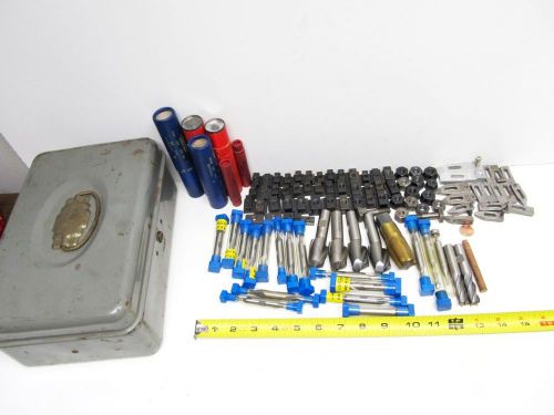 Vintage union metal box  with machinist tools t-nuts endmill cutters for sale