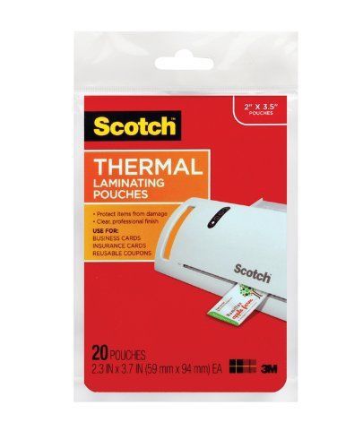 Scotch tp5851-20 thermal laminating pouches, 2.3 inches x 3.7 inches, 20 pouches for sale