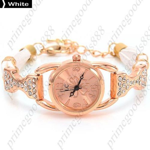 Butterfly rhinestones pu leather quartz wristwatch lady ladies women&#039;s white for sale
