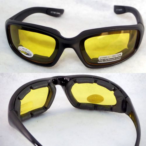 Night Driving Riding Padded Motorcycle Glasses Black Frame w Yellow Lense UV 400