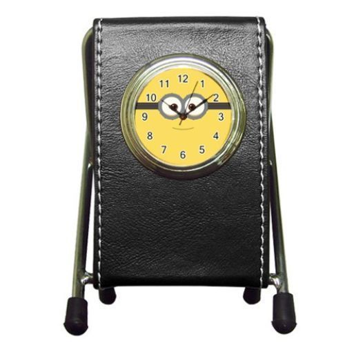 Cute Minions Leather Pen Holder Desk Clock (2 in 1) Free Shipping