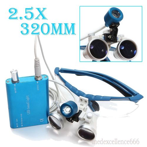 Blue Dental Binocular Optical Glass Loupes + LED Head Light Lamp 2.5X320MM