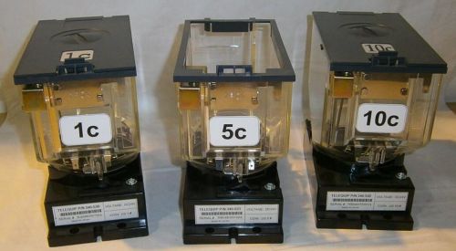 Lot of 3 telequip coin dispensers - 340-530 (.01), 340-531 (.05), 340-545 (.10) for sale