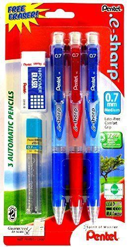 Office Pentel E sharp 3 Auto Pencils in a Pack 0.7mm Free White Eraser 50 Refill
