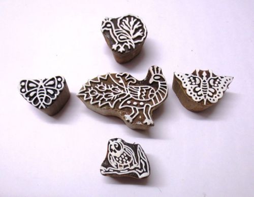 SET OF 5 INDIAN WOODEN TEXTILE CLAY FABRIC BLOCK STAMP BIRD GIFT FOR KIDS