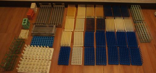 HUGE lot of 42 different test tube racks, stands and supports, plastic and steel
