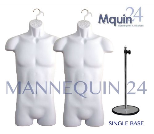 2 male mannequin body forms (white) + 1 table top metal stand only + 2 hangers for sale