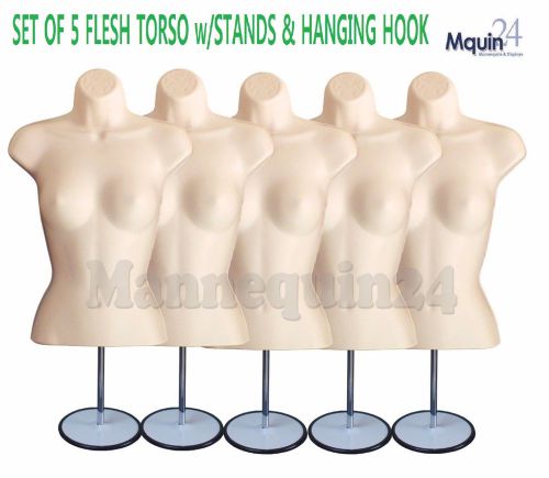 5 PCS FEMALE TORSO MANNEQUIN FORMS FLESH +5 STANDS + 5 HANGERS WOMAN DRESS FORM