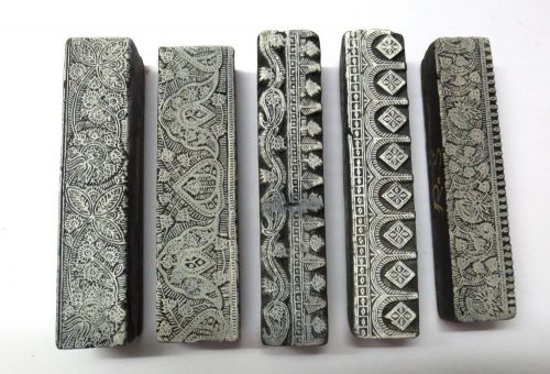 LOT OF 5 VINTAGE WOOD HAND CARVED PRINT FABRIC BLOCK STAMP FINE CARVING BORDERS