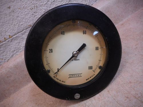 Crosby 0-100 PSI Large Gauge, 6 1/8&#034; wide and 4.75 Across Back, Yellowed Face