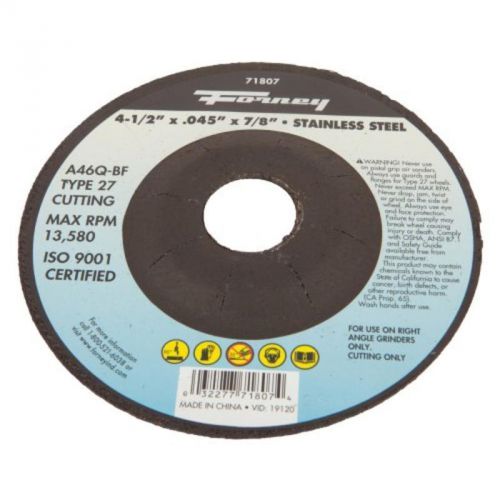 Stainless Steel Type 27 Cut-Off Wheel With 7/8&#034; Arbor, A46Q-Bf 4-1/2&#034; X 0.45&#034;