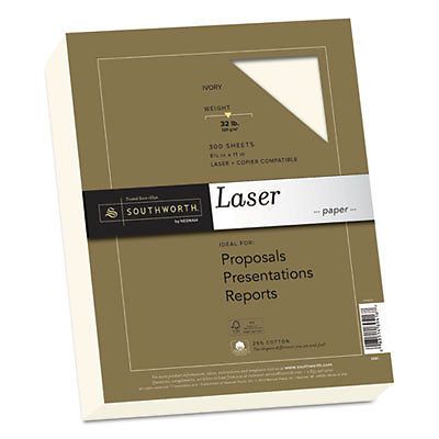 25% Cotton Premium Laser Paper, 32lb, Smooth, 8 1/2 x 11, Ivory, 300 Sheets