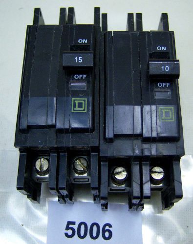(5006) Lot of 2 Square D QOU Circuit Breakers 15A &amp; 10A 2P QUOQ215 QUOQ210