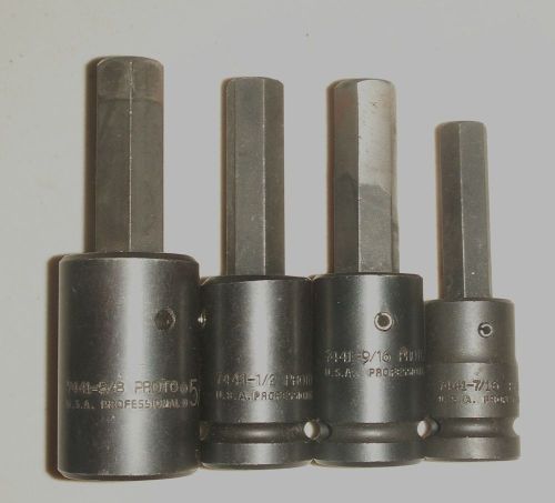 Lot of 4 proto 7441 impact hex bit, 1/2&#034; drive 6pt  usa  5/8&#034; 1/2&#034; 9/16&#034; &amp; 7/16&#034; for sale