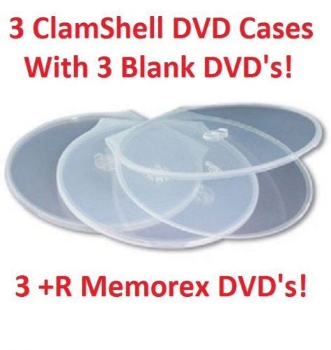 3x clear clamshell dvd cases w/3 blank memorex +r dvd&#039;s - same day fast shipping for sale