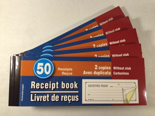 LOT of 5 BRAND NEW Receipt Books / 50 QTY 2-Copy Carbonless Receipts (No Stub)