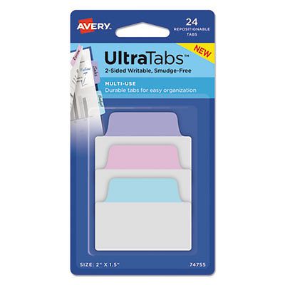 Ultra Tabs Repositionable Tabs, 2 x 1 1/2, Pastel: Blue, Pink, Purple, 24/Pack