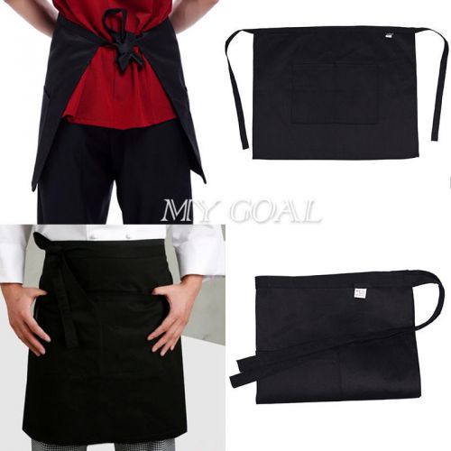 Black Half Short Waist Apron Waiter Waitress Cafe Pub Barista Bar With Pocket