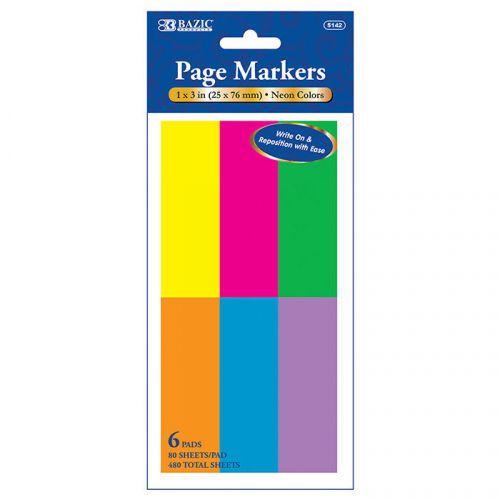 BAZIC 80 Ct. 1&#034; X 3&#034; Neon Page Markers (6/Pack)  of-24