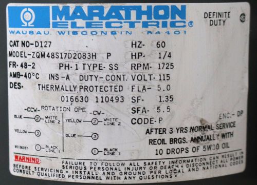 Marathon Electric Motor 1/4HP 1725RPM 115V 1PH 60Hz 48-2FR