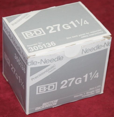 2 boxes of b-d 27g 1.25 sterile single use needles 100/box new nib ships free for sale