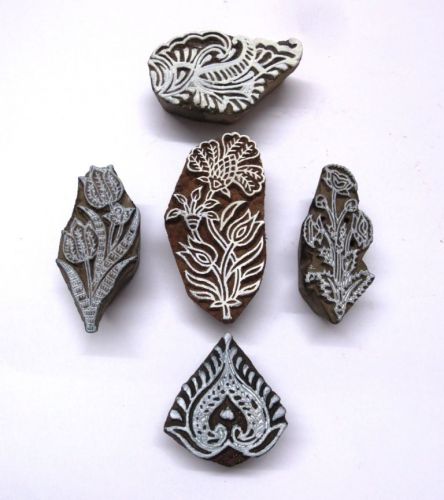 LOT OF 5 WOODEN HAND CARVED TEXTILE FABRIC BLOCK PRINT STAMP SMALL UNIQUE