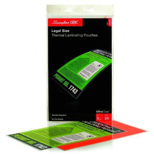 Swingline GBC UltraClear Thermal Laminating Pouches, Legal Size, 3 Mil, 25 Pack