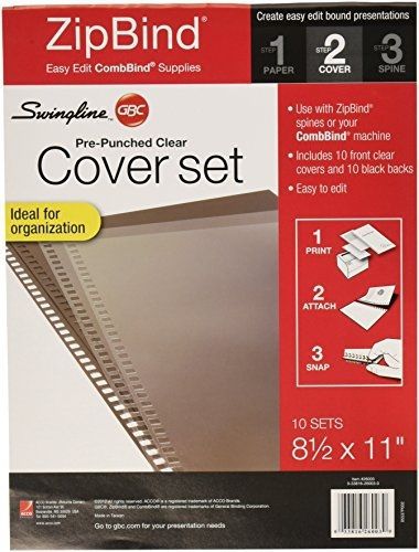 Swingline GBC ZipBind Pre-Punched Cover Set, Clear/Black, 10 Pack (26003)