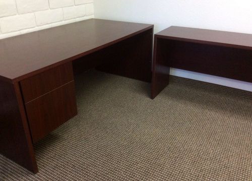 Nearly brand new executive redwood style office desk w/credenza and side board.