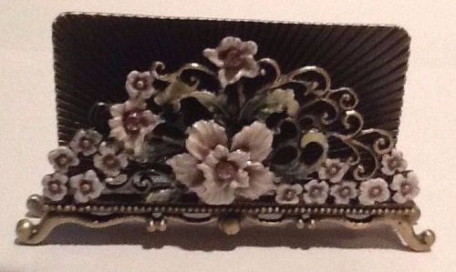 Gilt Metal Enameled Business CARD HOLDER Jeweled PINK  FLOWERS