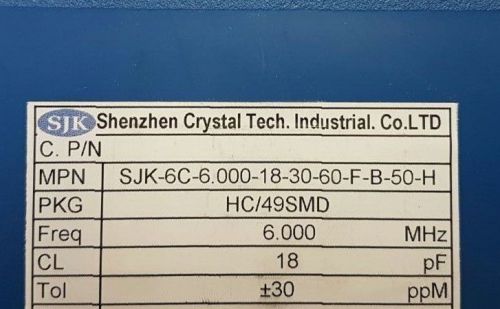 LOT OF 200 PCS. SJK SJK-6C-6.000-18-30-60-F-B-50-H Quartz Crystal Resonator,ROHS