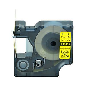 1PK 18490 Flexible Nylon Label for Dymo Rhino 5200 Black on Yellow Tape 12mm