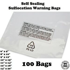 100x Poly Bags Resealable Suffocation Warning Clear 1.5 mil Shirt Apparel