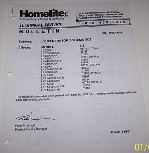 HOMELITE TECHNICAL SERVICE BULLETIN ON LR GENERATOR SCHEMATICS