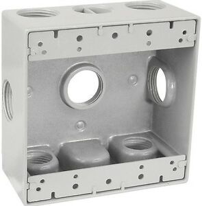 Weatherproof 2-Gang GRAY Metal Box w/ Seven 1&#034; Holes Around Weather Resistant