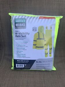 Hi Vis 3-Piece Rain Suit Reflective Stripes Waterproof Class3 ANSI 107 Sz. XL/XG