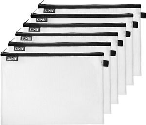 SUNEE Plastic Mesh Zipper Pouch Document Bag 10x14 in - Black, 6 Pack Letter for