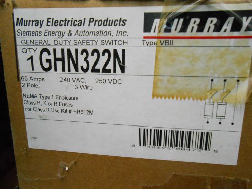 MURRAY GHN322N SAFETY SWITCH 60 AMP 240 VOLT 2P 3W FUSIBLE N1 DISCONNECT