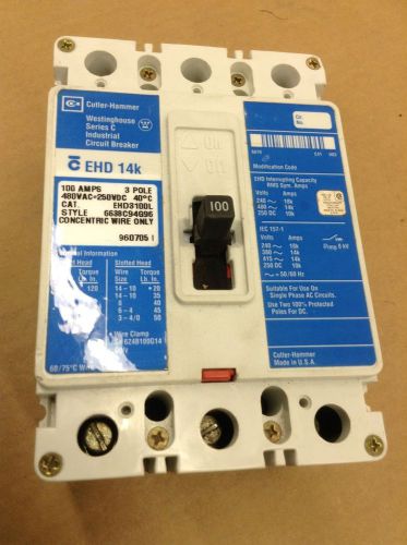 Circuit Breaker EHD3100L Ser C 100 AMPS 480VAC 3POLE CUTLER-HAMMER $ 145.00