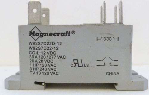 Magnecraft Relay W92SyD22D-12, W92S7D22-12, Coil -12 VDC, 20A 28 VDC, 1 HP Vtg