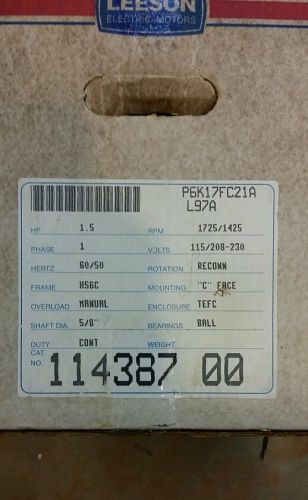 Leeson 114387 1.5HP 1725/1425 RPM 115/230V 50/60Hz Motor P6K17FC21A NEW