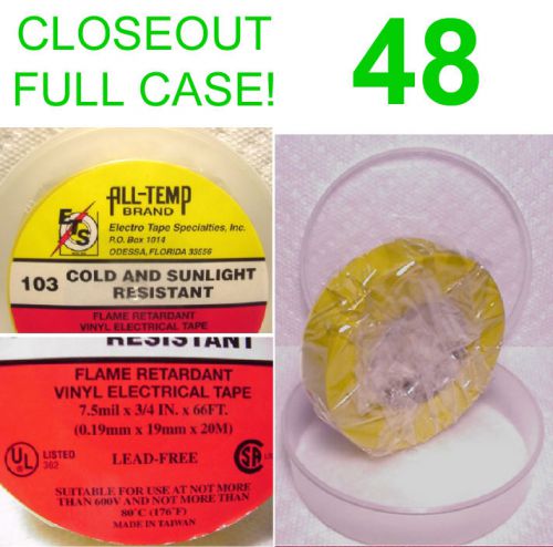 CLOSEOUT FULL CASE! 48 NEW ROLLS ALL TEMP VINYL ELECTRICAL TAPE,7.5m YELLOW
