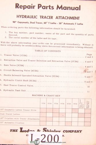 Lodge &amp; Shipley 60&#034; T  30&#034; T, Copymatic Tracer Lathe Repair Parts Manual 1956