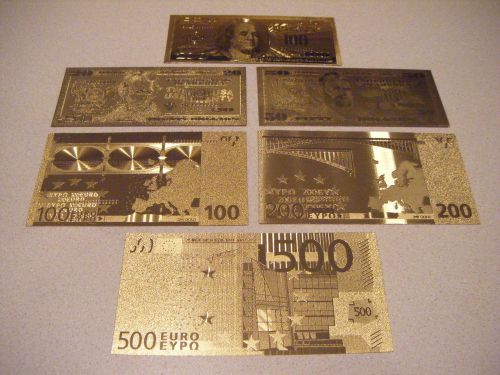 LOT OF 6 $20 $50 $100 US 100 200 500 EUROS GOLD  BANKNOTES   24K