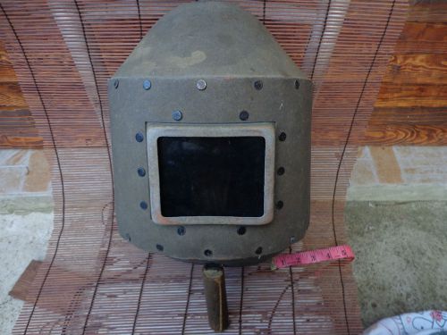 Vintage   weldving helmet mask steampunk robot rivets 1960s w/wooden handle for sale