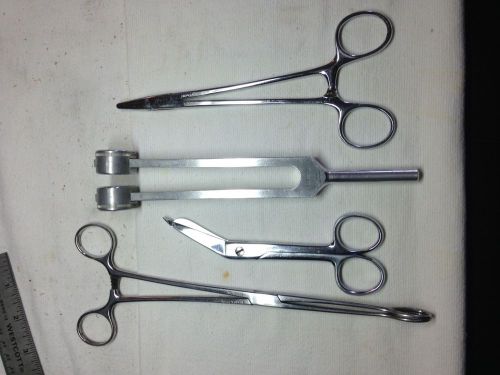 Lot of (4) Vintage Medical Instruments, 2-Hemostats, Tuning fork, scissor