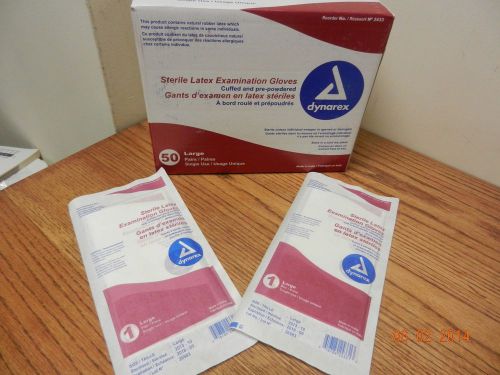 Dynarex #2433 Sterile Latex Exam Gloves, Sz Large,NEW. 50 pairs
